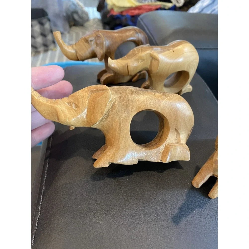 Wooden Elephant Napkin Holder Rings Hand Carved Painted African Safari Animal 4